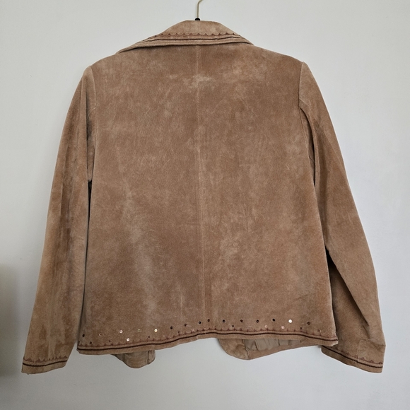 Chicos Women's Jacket Leather Open Front Collared W/ Lining Embroidery - Picture 2 of 9